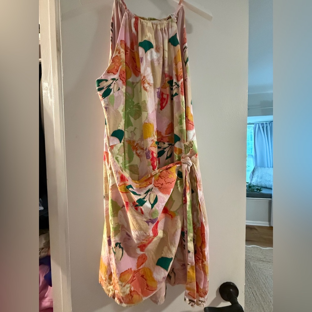 Bar III Pink and Green Floral Wrap Dress